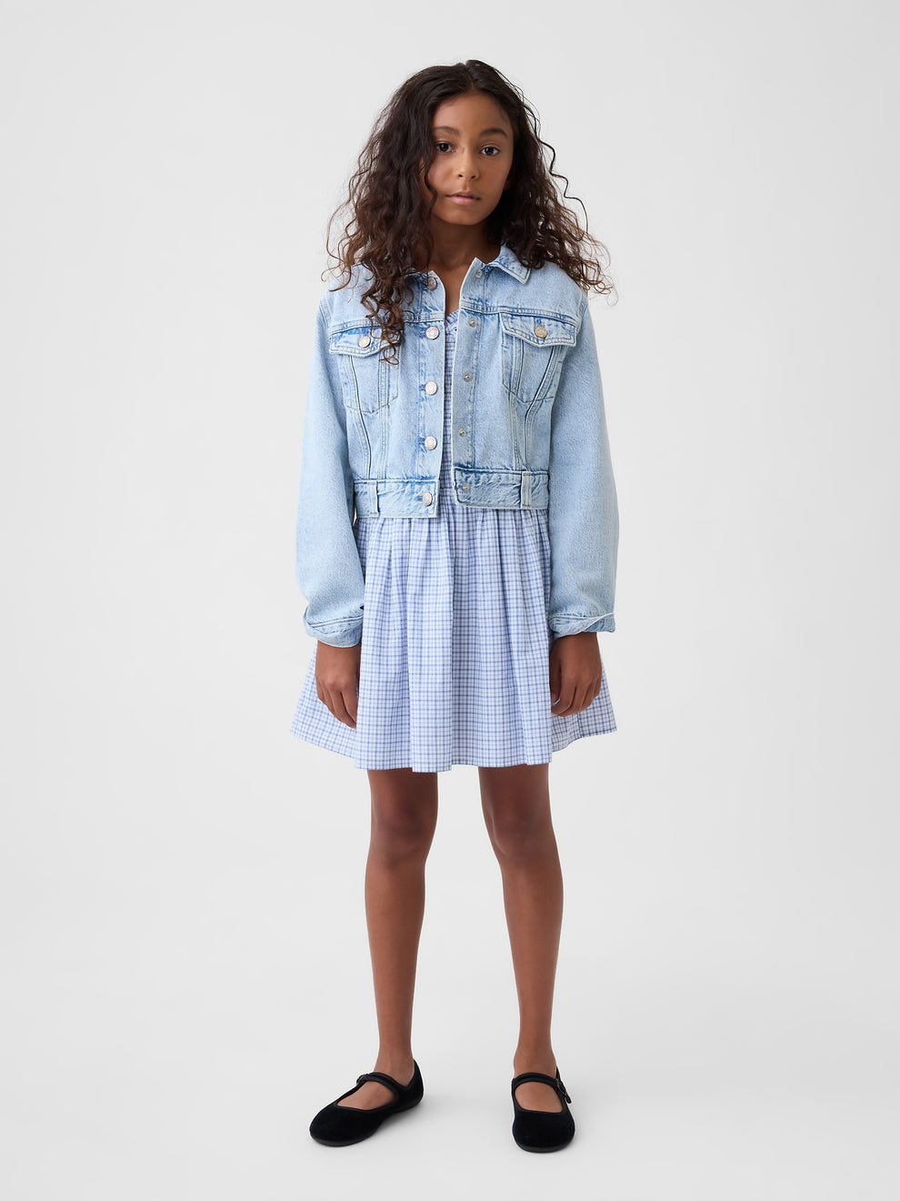 Gap Kids Smocked Print Dress in blue plaid, styled with a denim jacket