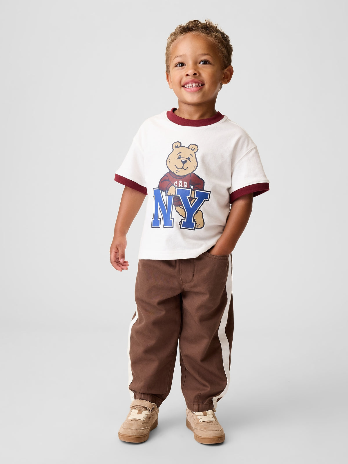 Gap Baby & Toddler UltraSoft Pull-On Stripe Barrel Pants in Amber wood, full-length view on a child model