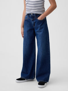 Gap Kids Low Rise Front Yoke Baggy Jeans in Dark wash, front view on a child model