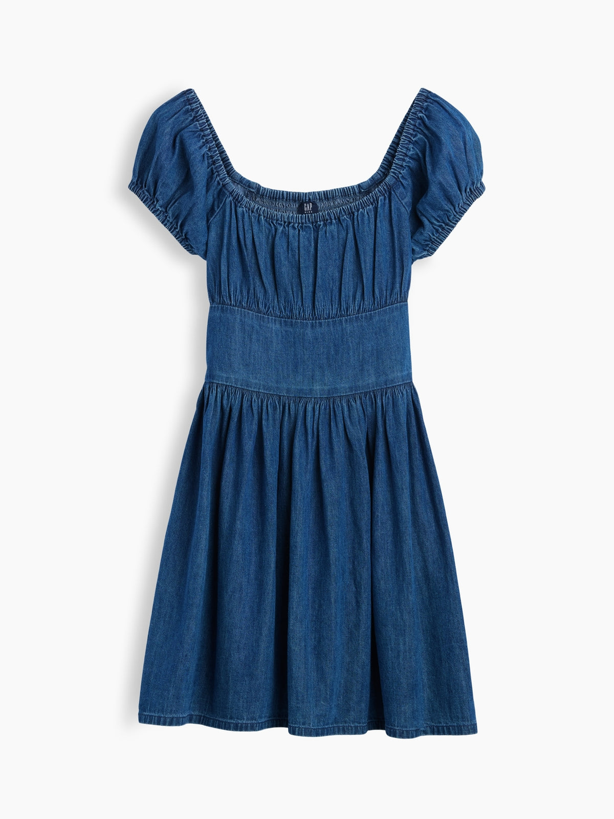 Gap Kids Denim Puff-Sleeve Dress in Medium wash, product-only front view
