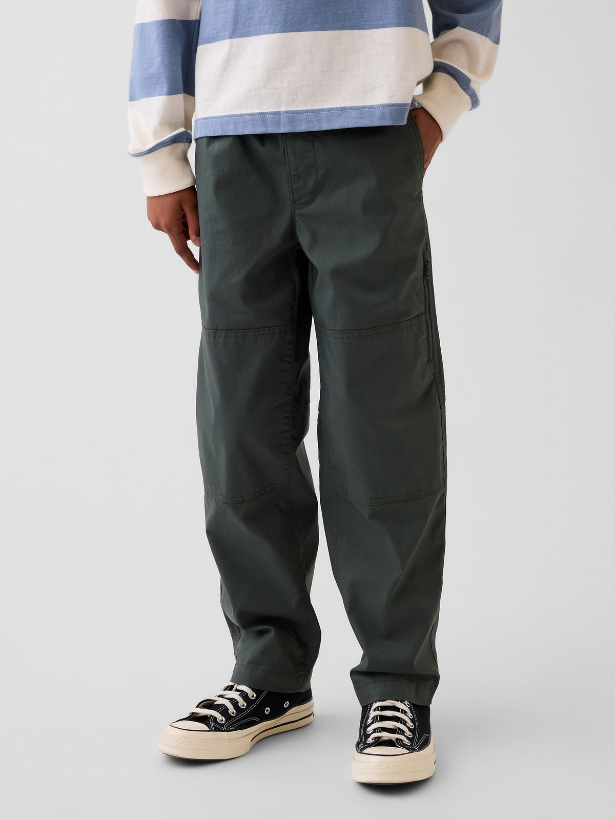 Gap Kids Double-Knee Quick-Dry Pants in Green rapids, front view on a child model