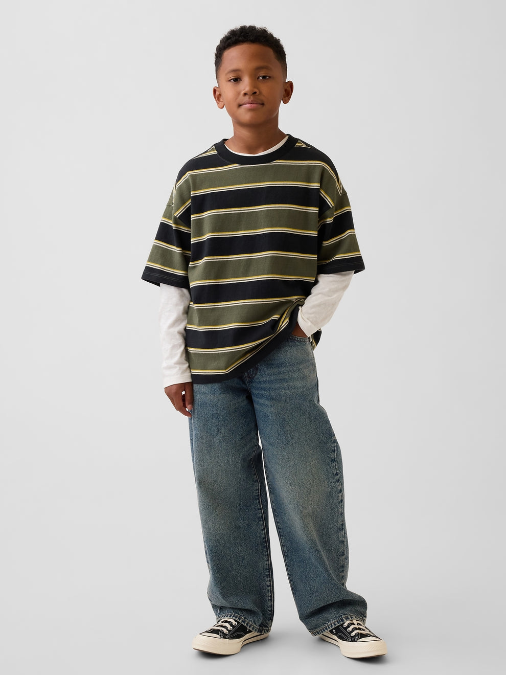 Gap Kids Heavyweight Oversized T-Shirt in Green stripe, full-length view on a child model