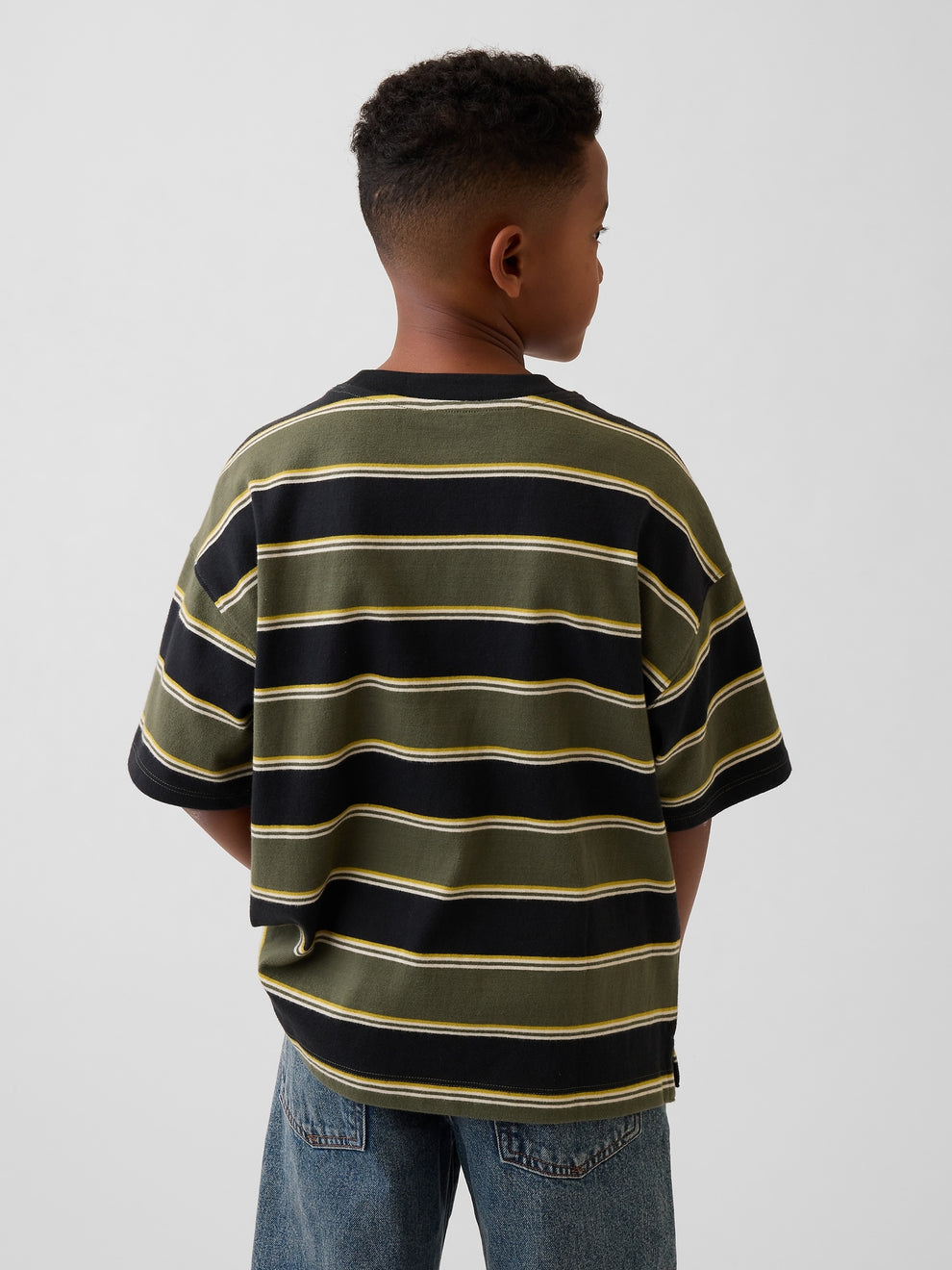 Gap Kids Heavyweight Oversized T-Shirt in Green stripe, back view on a child model