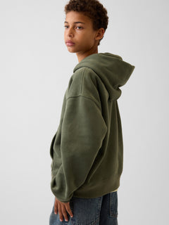 Gap Kids VintageSoft Relaxed Logo Hoodie in Tweed green, back view on a child model
