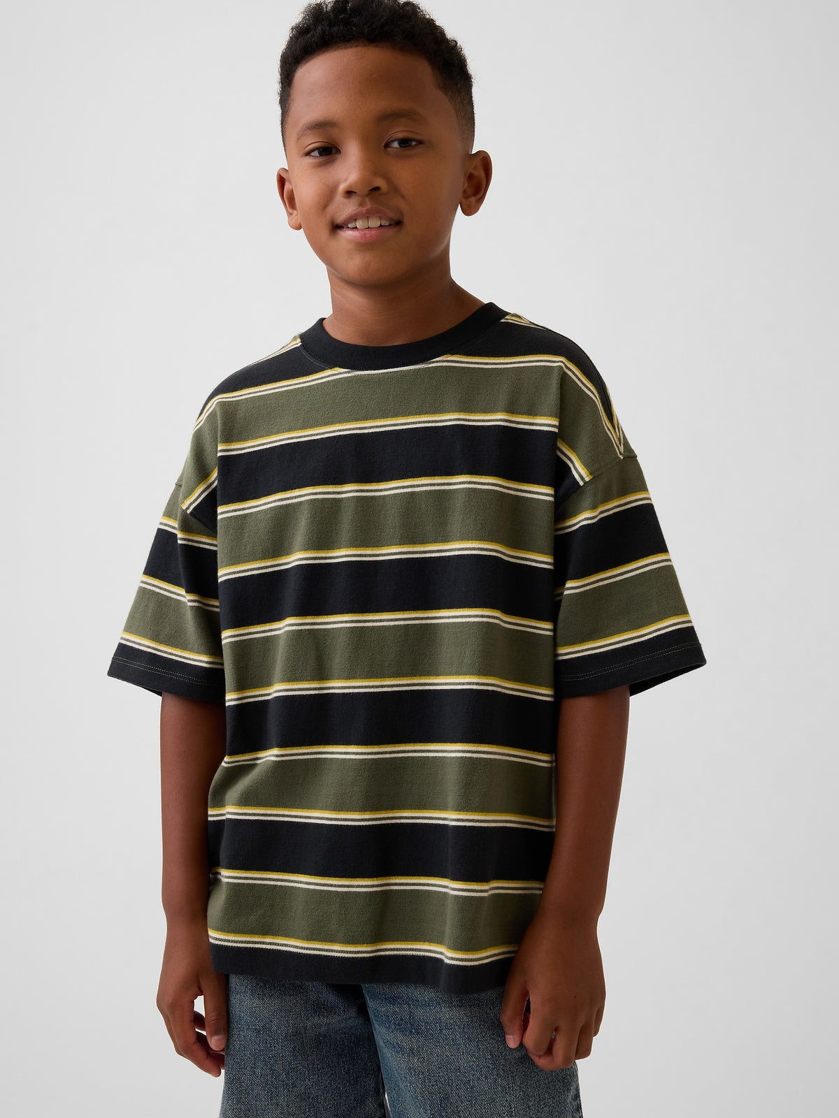 Gap Kids Heavyweight Oversized T-Shirt in Green stripe, front view on a child model