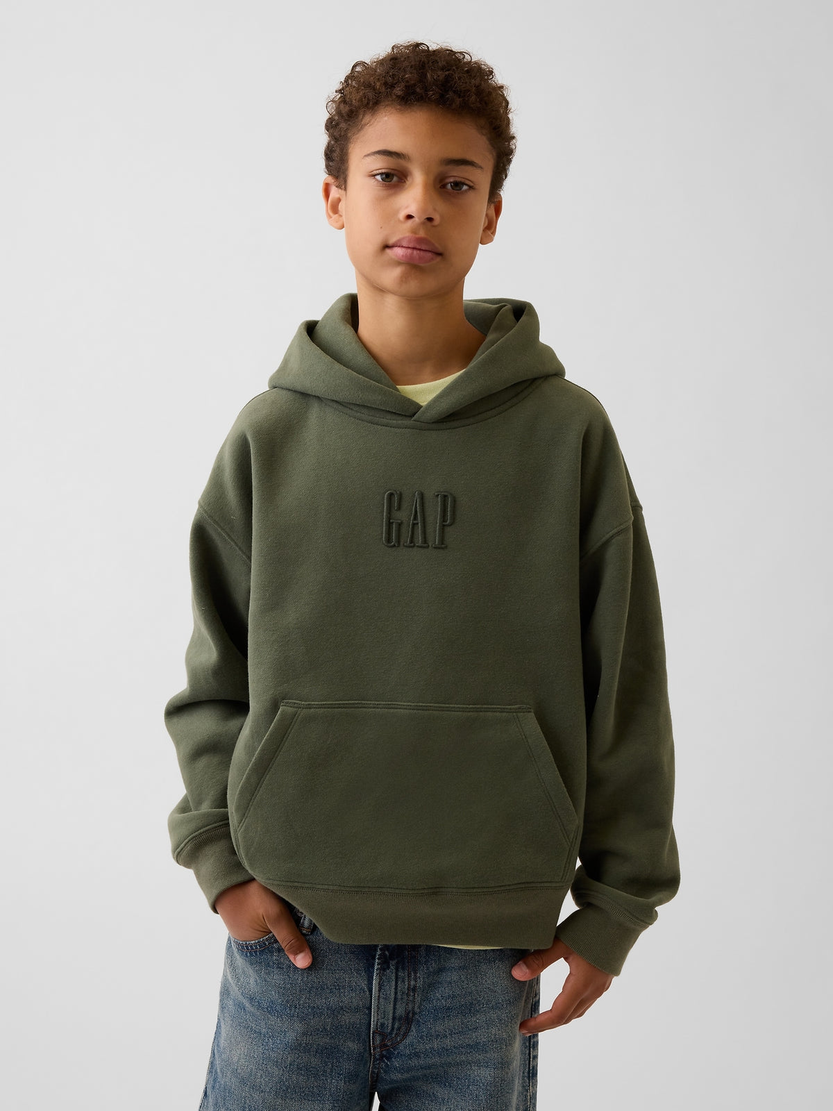 Gap Kids VintageSoft Relaxed Logo Hoodie in Tweed green, front view on a child model