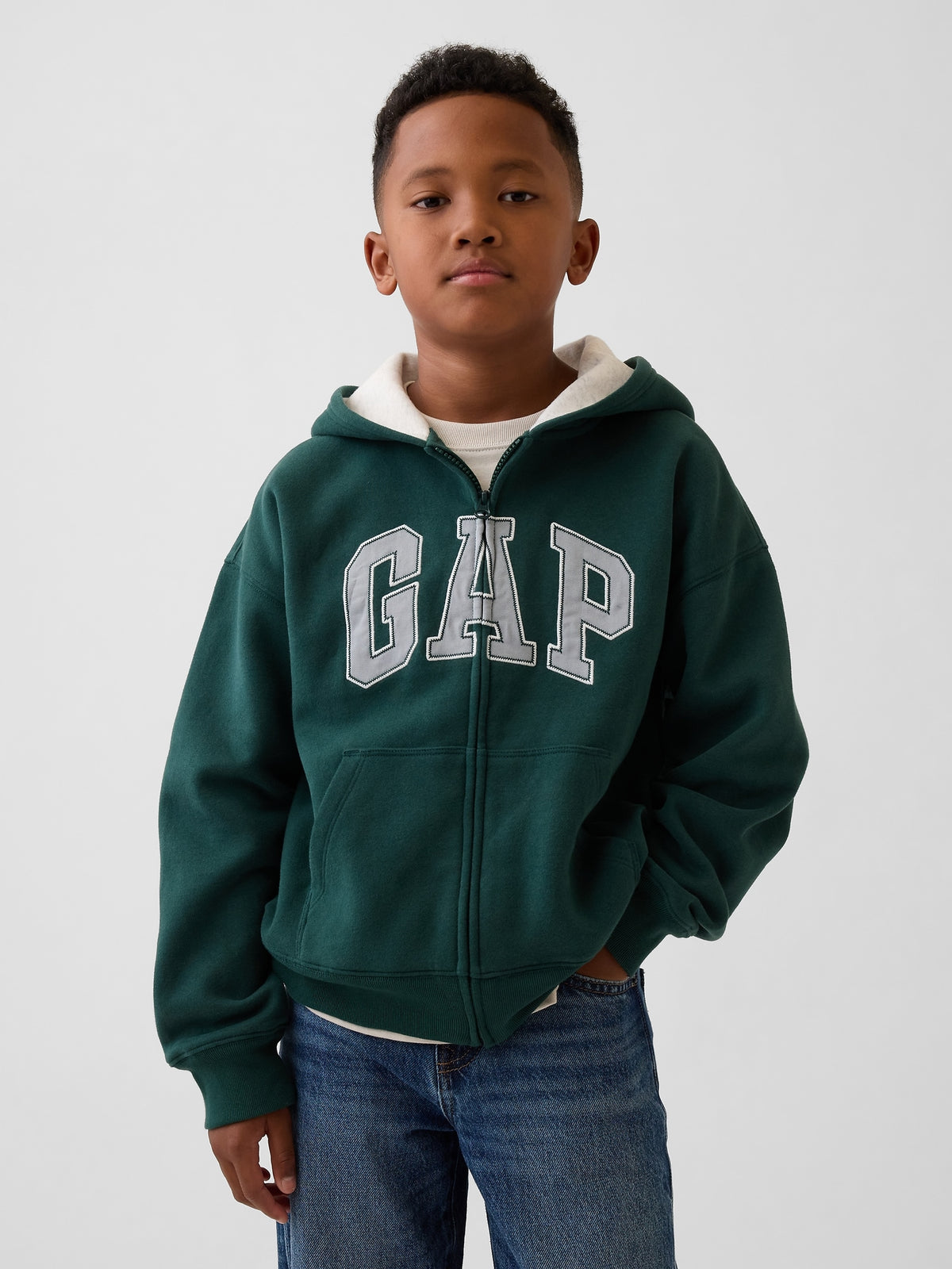 Gap Kids VintageSoft Logo Zip Hoodie in Deep hunter, front view on a child model