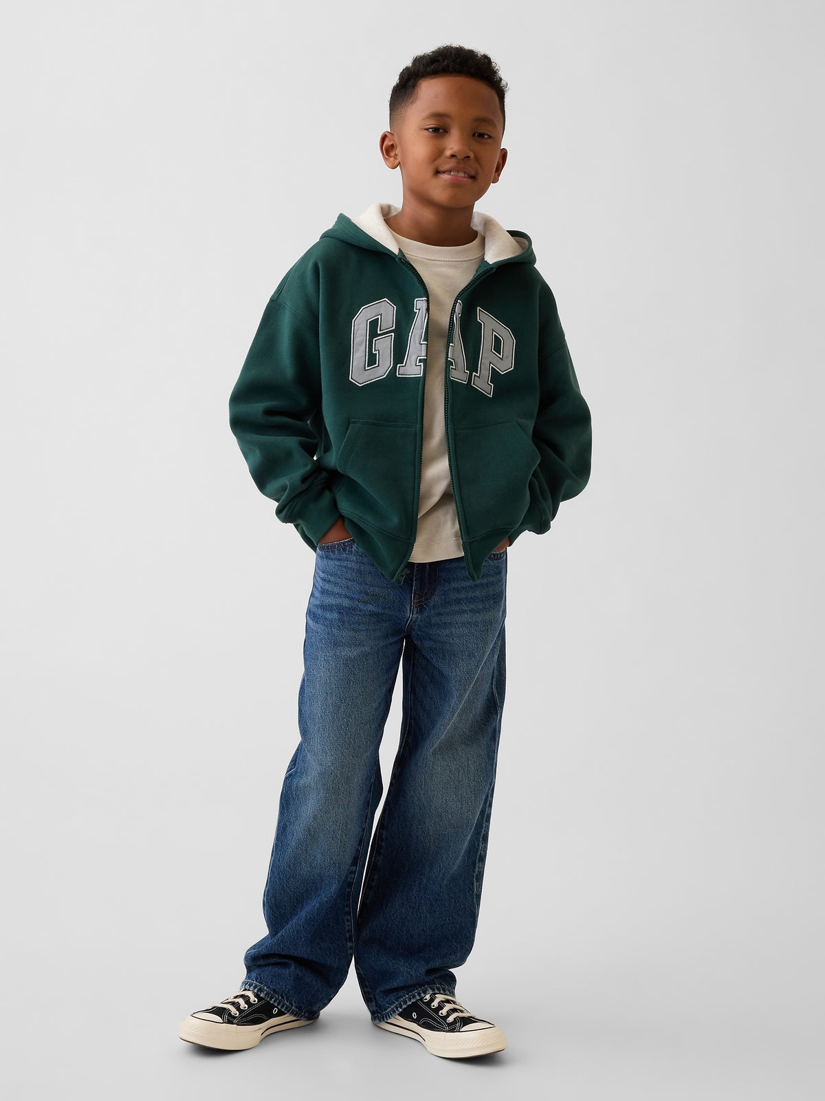 Gap Kids VintageSoft Logo Zip Hoodie in Deep hunter, full-length view on a child model