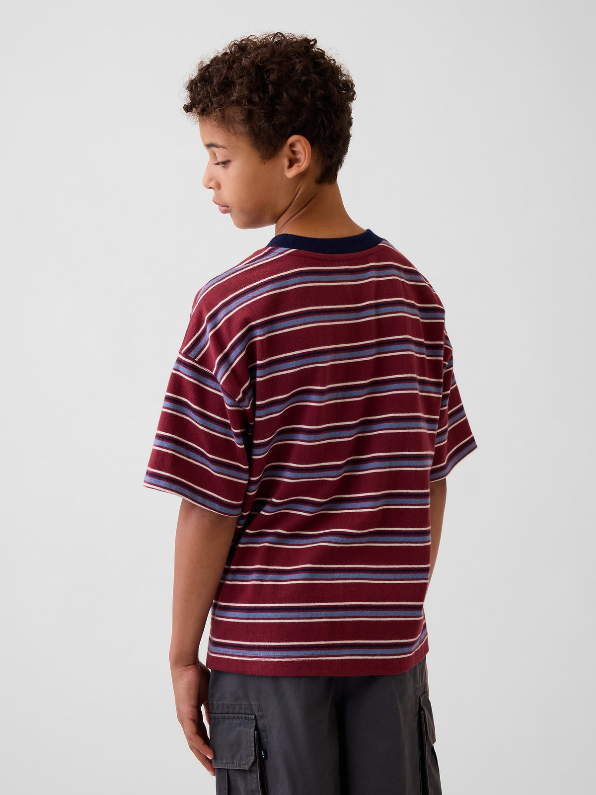 Gap Kids Heavyweight Oversized T-Shirt in Red stripes, back view on a child model