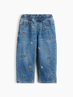 Gap Baby & Toddler Embroidered Pull-On Baggy Jeans in Medium wash embroidered, product-only front view