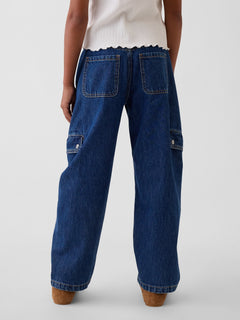 Gap Kids High Rise Barrel Cargo Jeans in Dark wash, back view on a child model