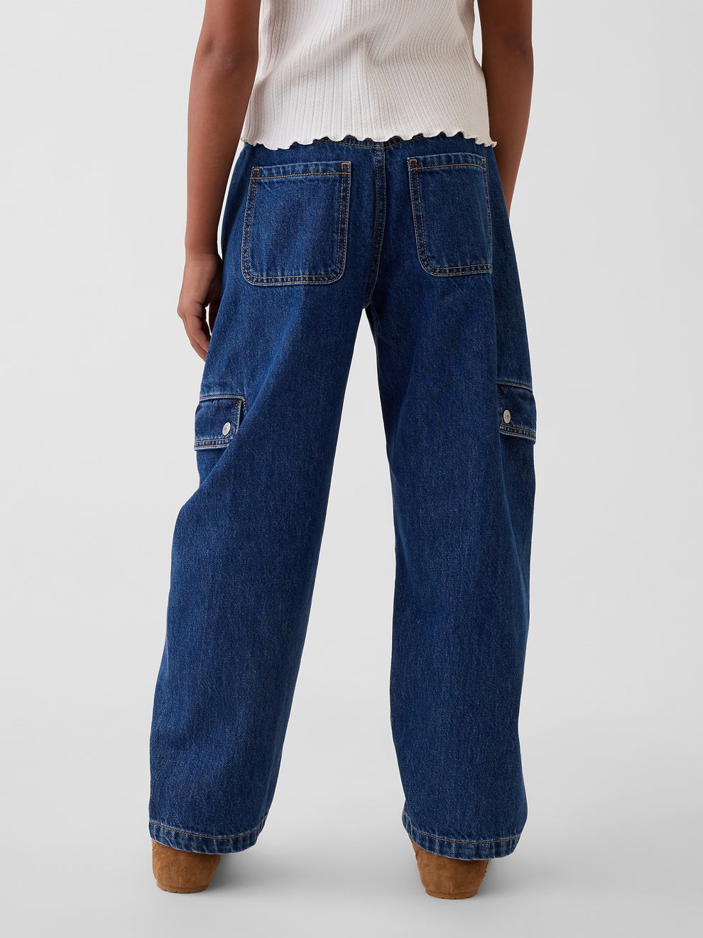 Gap Kids High Rise Barrel Cargo Jeans in Dark wash, back view on a child model