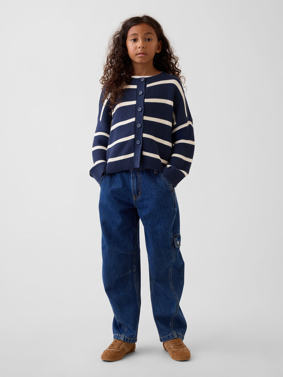 Gap Kids High Rise Barrel Cargo Jeans in Dark wash, full-length view on a child model