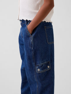 Gap Kids High Rise Barrel Cargo Jeans in Dark wash, side cargo pocket detail