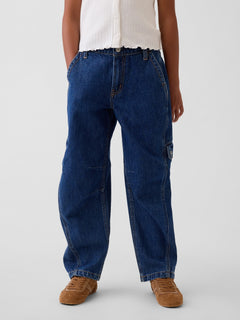 Gap Kids High Rise Barrel Cargo Jeans in Dark wash, front view on a child model