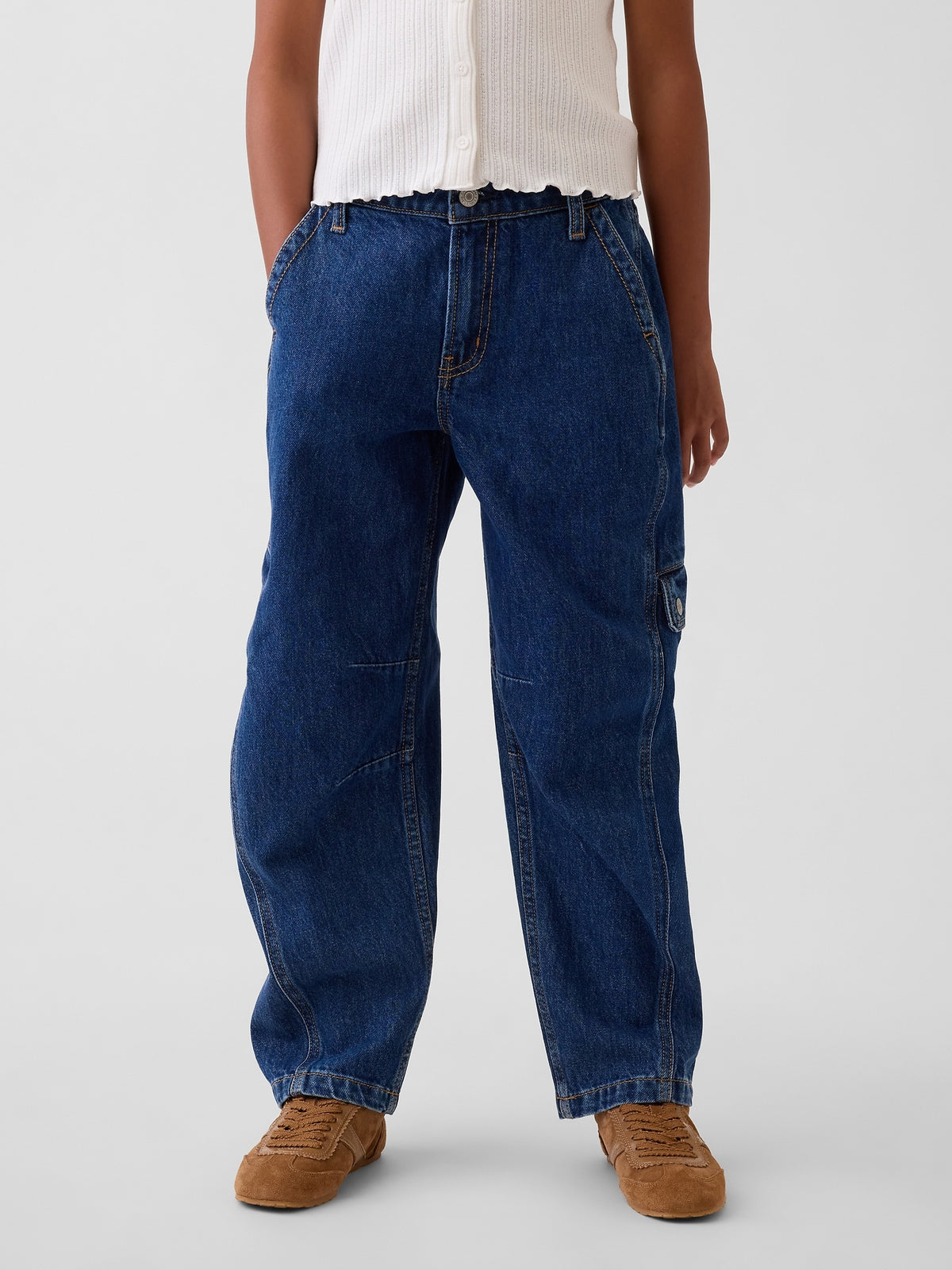 Gap Kids High Rise Barrel Cargo Jeans in Dark wash, front view on a child model