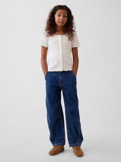 Gap Kids High Rise Barrel Cargo Jeans in Dark wash, full-length view on a child model