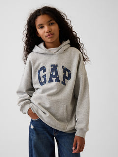 Gap Kids VintageSoft Oversized Logo Hoodie in Grey, front view on a child model