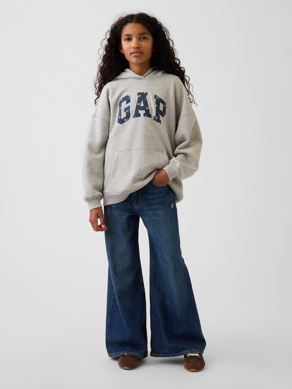 Gap Kids VintageSoft Oversized Logo Hoodie in Grey, full-length view on a child model