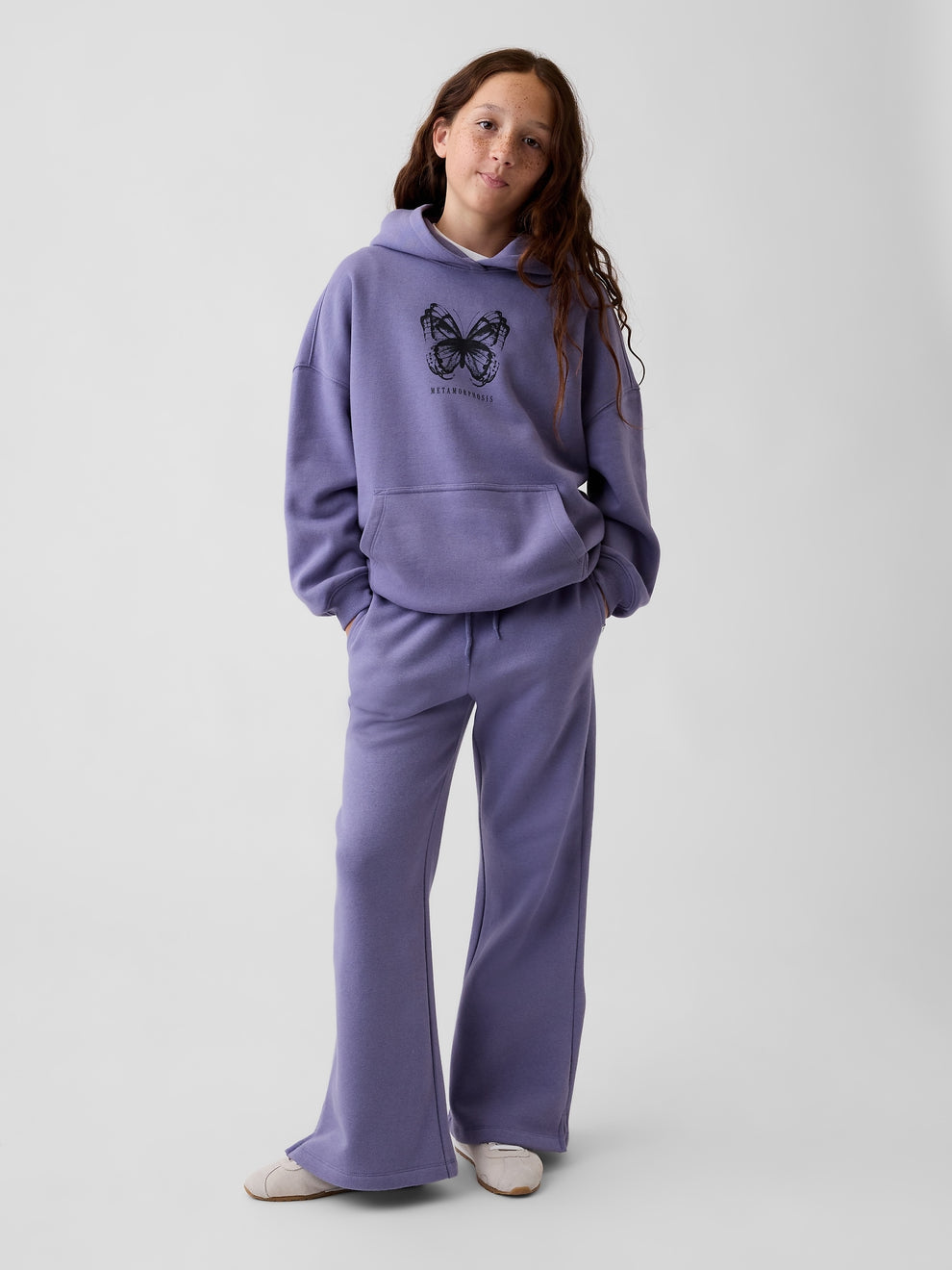 Gap Kids VintageSoft Relaxed Flare Sweatpants in Purple coneflower, full-length view on a child model
