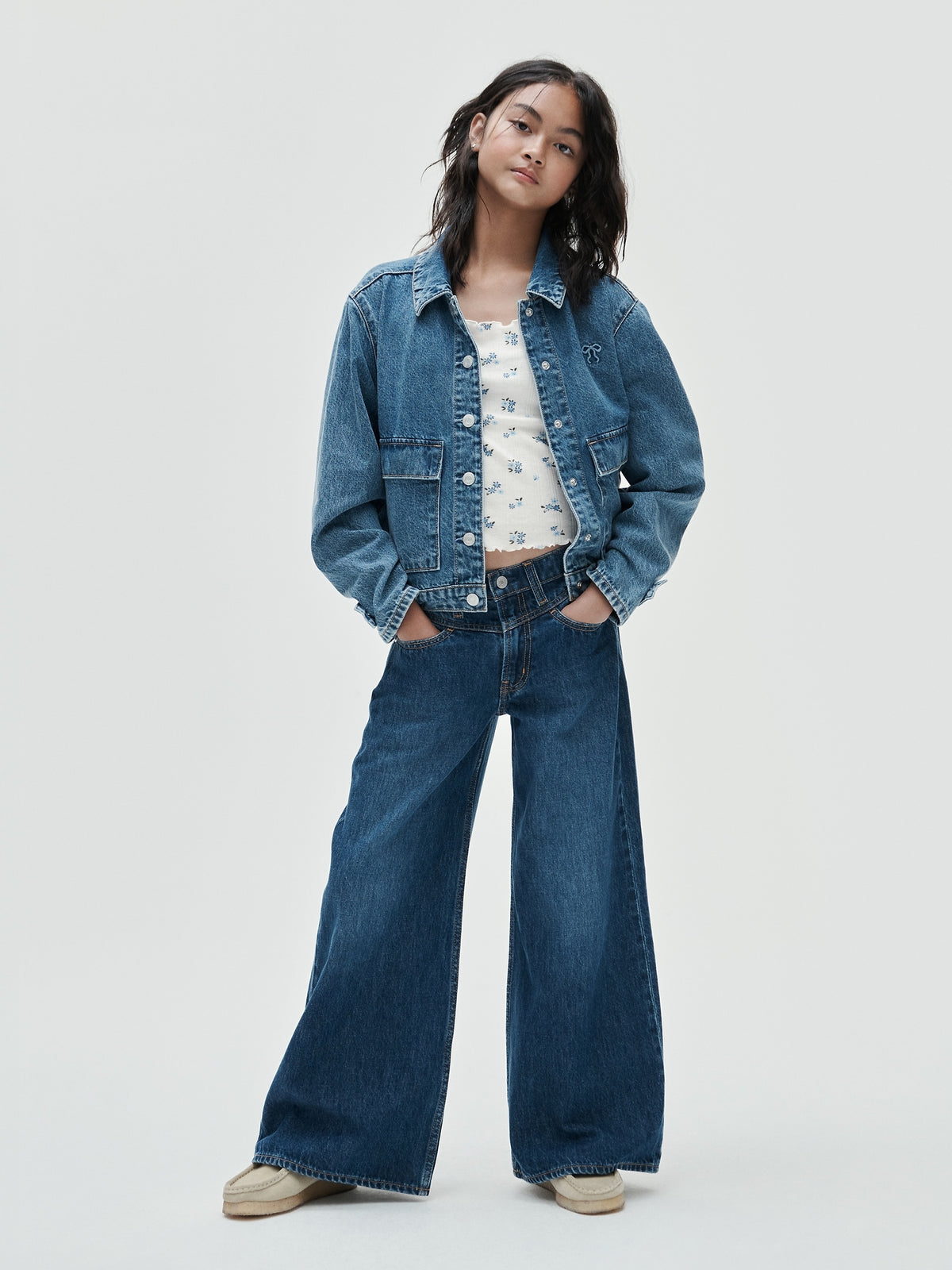 Gap Kids Low Rise Front Yoke Baggy Jeans in Dark wash, full-length view on a model