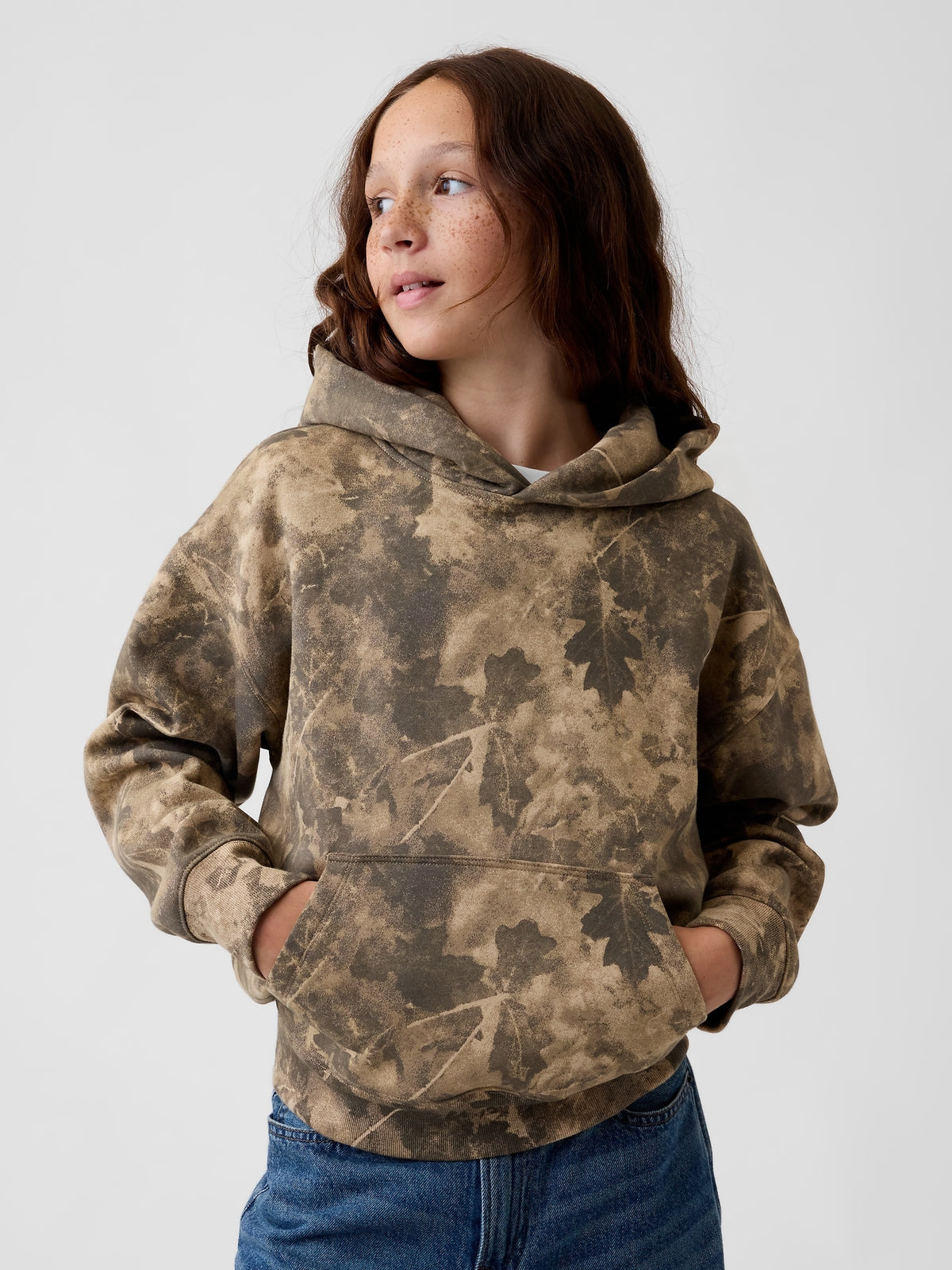 Gap Kids VintageSoft Relaxed Hoodie in Light camo, front view on a child model