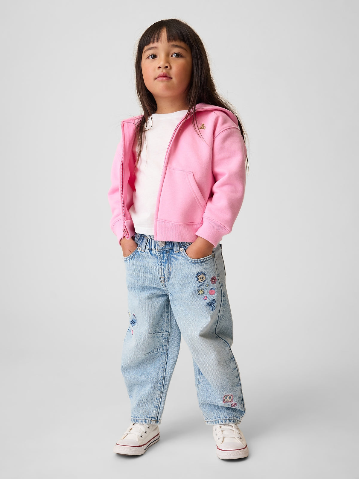 Gap Baby & Toddler Embroidered Horseshoe Jeans in Light wash embroidered, full-length view on a child model