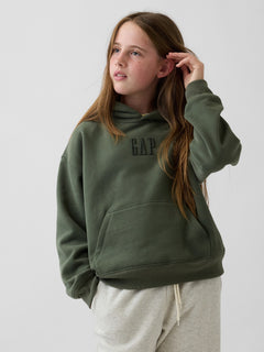 Gap Kids VintageSoft Relaxed Logo Hoodie in Tweed green, front view on a child model