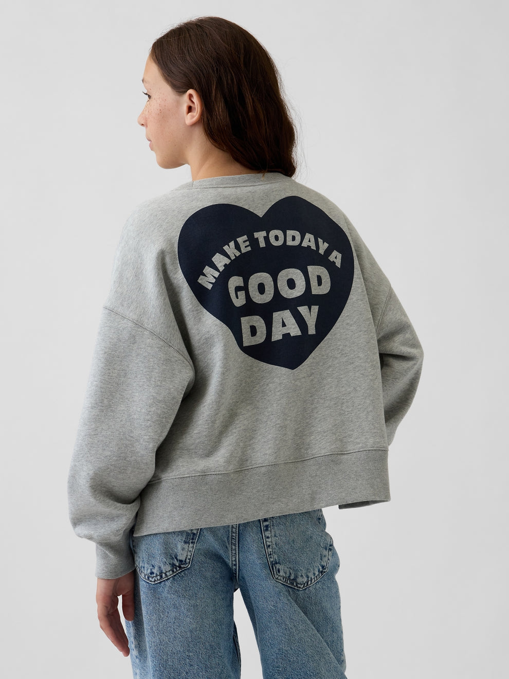 Gap Kids VintageSoft Oversized Split-Hem Sweatshirt in Grey, back heart graphic detail