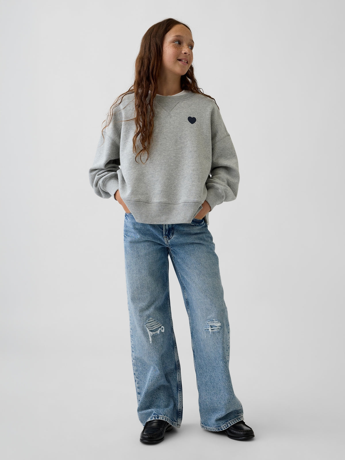 Gap Kids VintageSoft Oversized Split-Hem Sweatshirt in Grey, full-length view on a child model