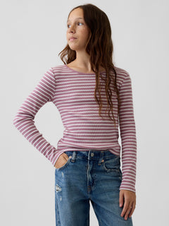 Gap Kids Rib T-Shirt in Pink stripe, front view on a model