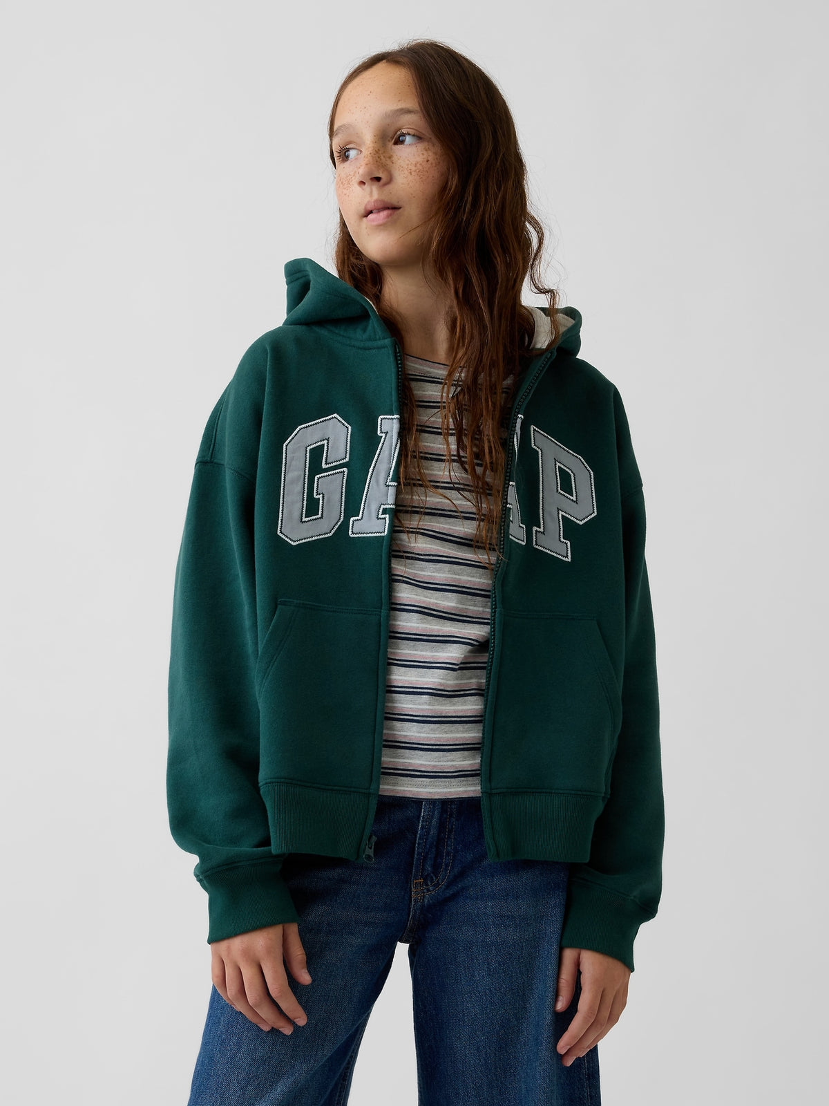 Gap Kids VintageSoft Logo Zip Hoodie in Deep hunter, front view on a child model