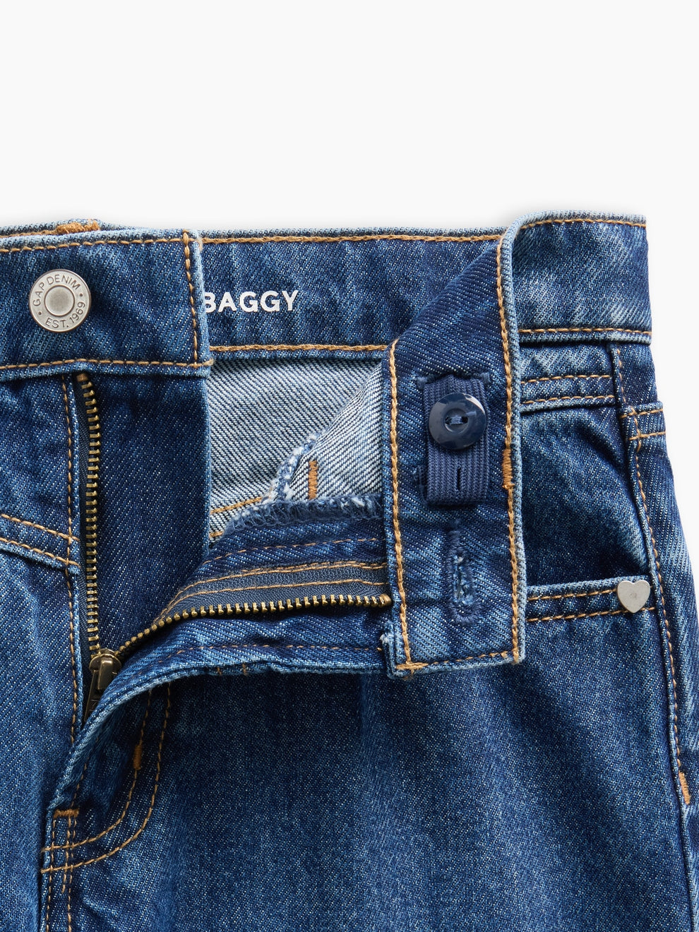 Gap Kids Low Rise Front Yoke Baggy Jeans in Dark wash, button and zip detail