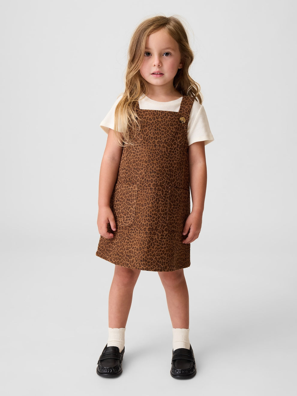 Gap Baby & Toddler Leopard Corduroy Jumper Dress in Leopard, full-length view on a child model