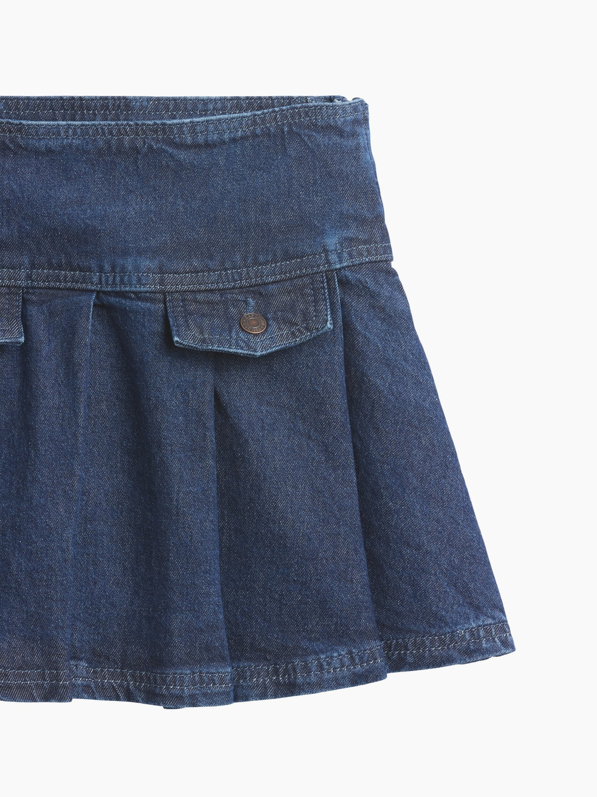 Gap Kids Denim Pleated Mini Skirt in Medium wash, pleats and flap pocket detail