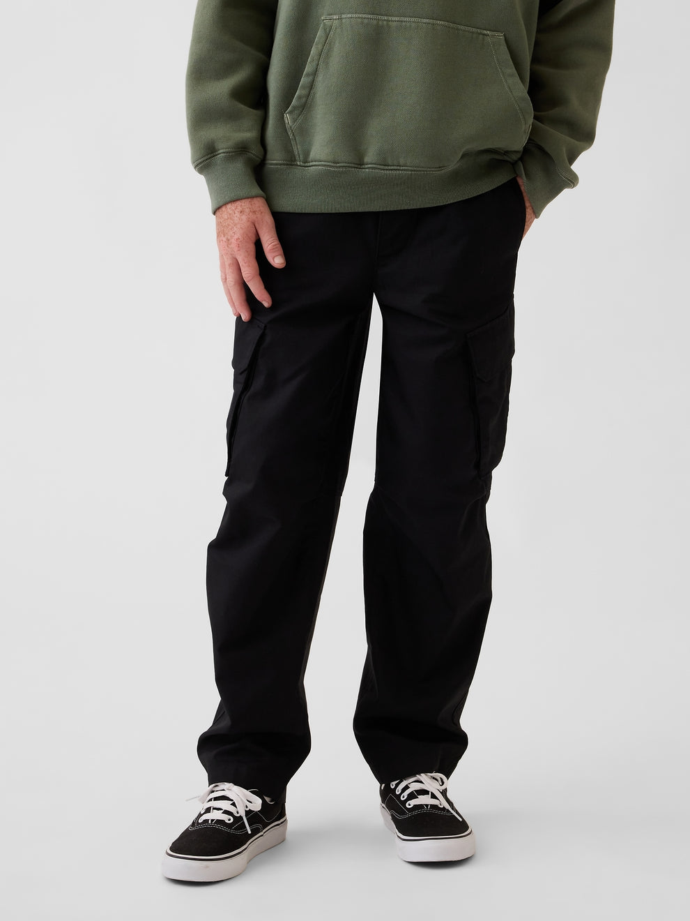 Gap Kids Quick-Dry Easy Cargo Pants in Black, front view on a child model