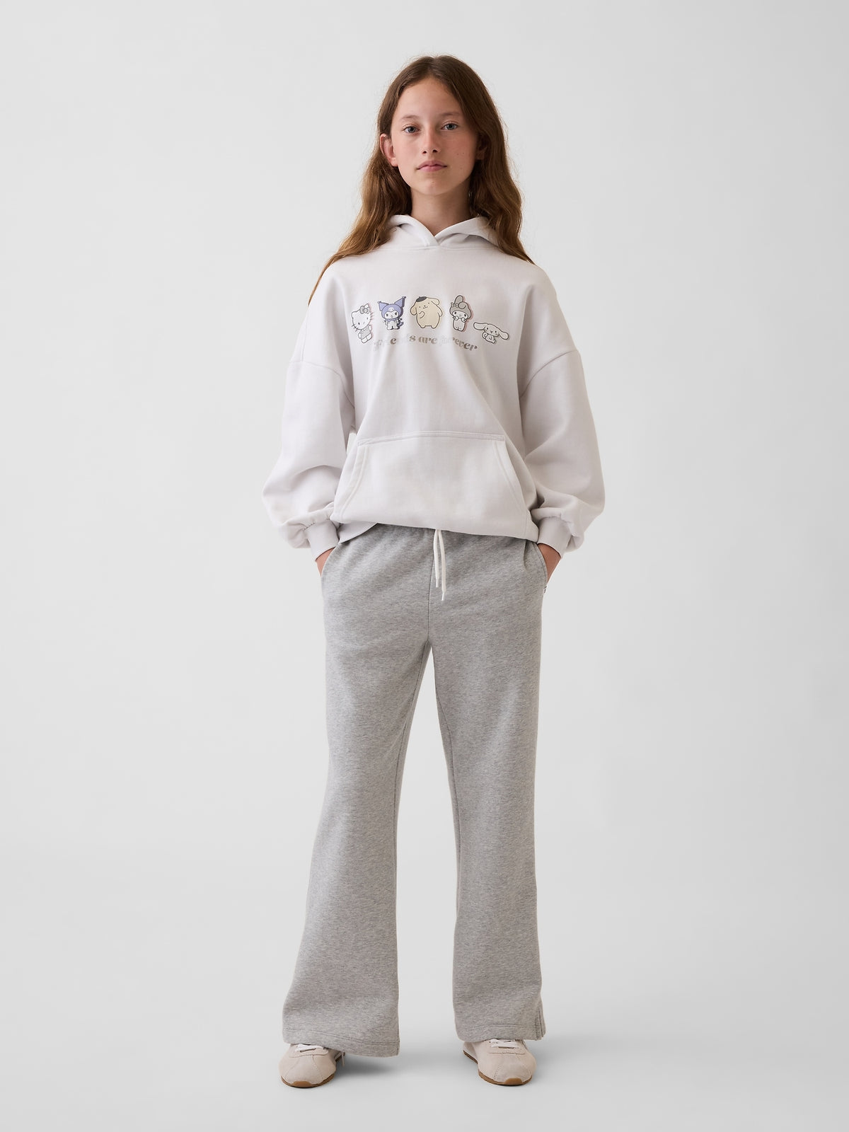 Gap Kids VintageSoft Relaxed Flare Sweatpants in Grey, full-length view on a child model