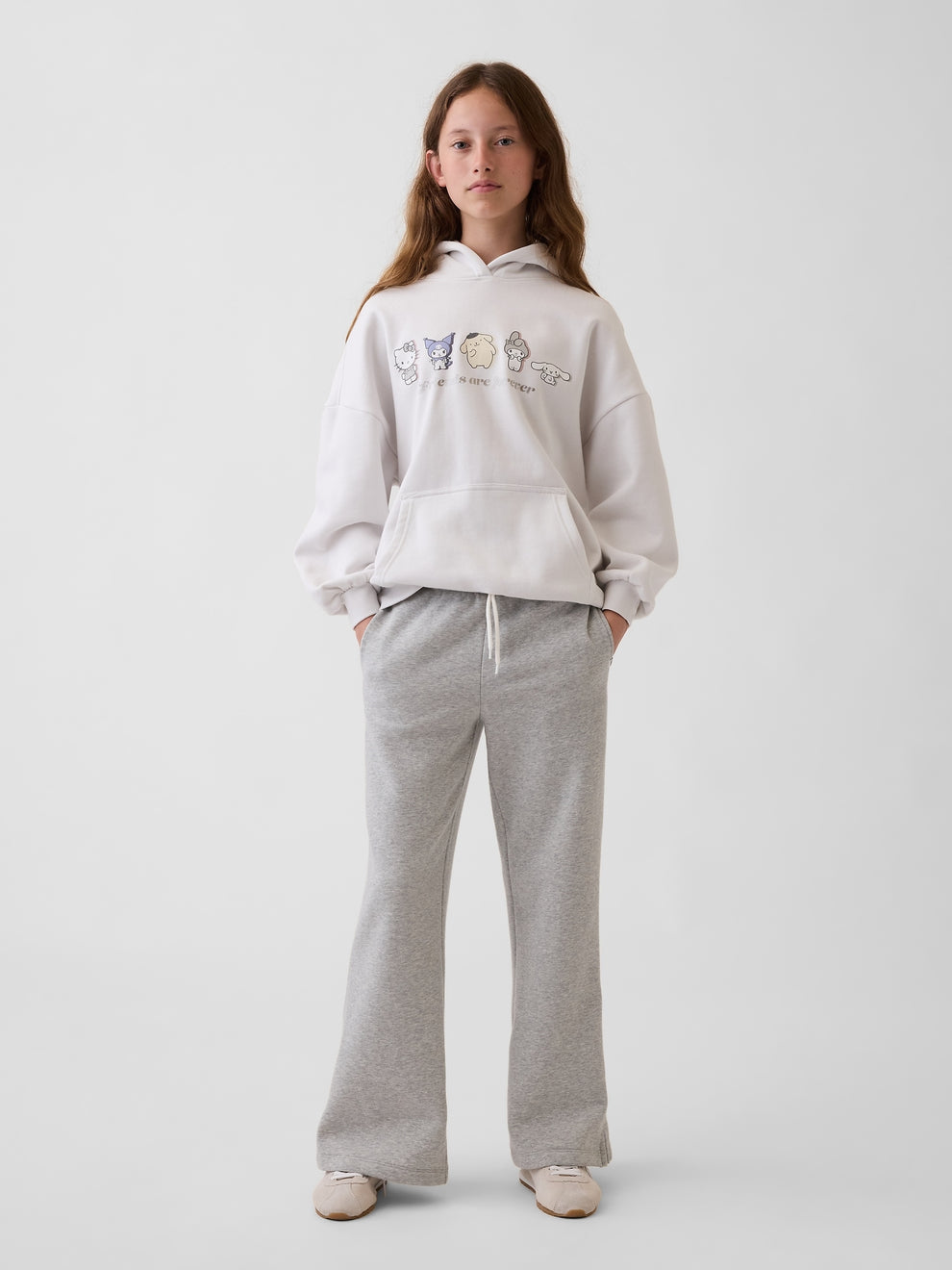 Gap Kids VintageSoft Relaxed Flare Sweatpants in Grey, full-length view on a child model