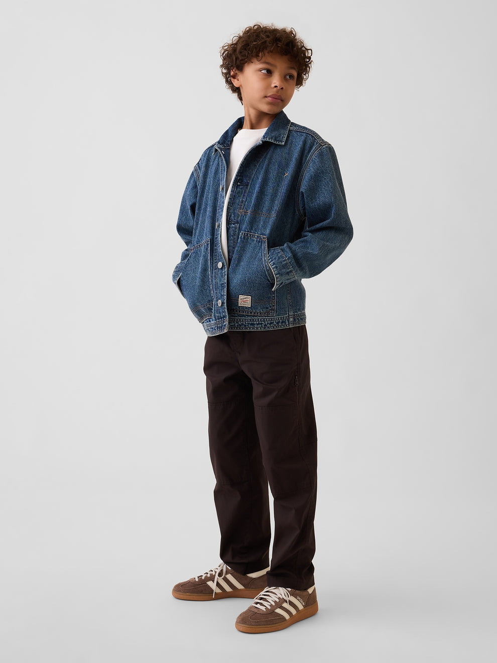 Gap Kids Double-Knee Quick-Dry Pants in Terra brown, full-length view on a child model