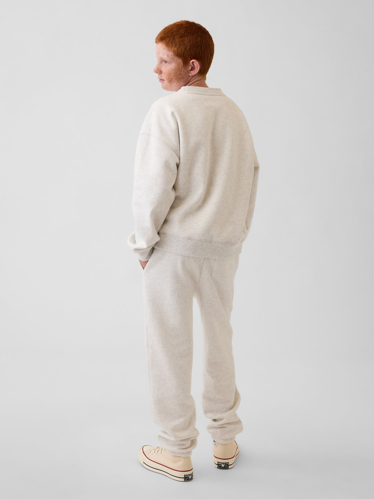 Gap Kids VintageSoft Relaxed Joggers in Pale heather grey, back view on a child model