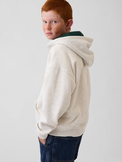 Gap Kids VintageSoft Logo Zip Hoodie in Pale heather grey, back view on a child model