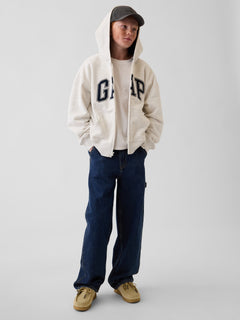 Gap Kids VintageSoft Logo Zip Hoodie in Pale heather grey, full-length view on a child model