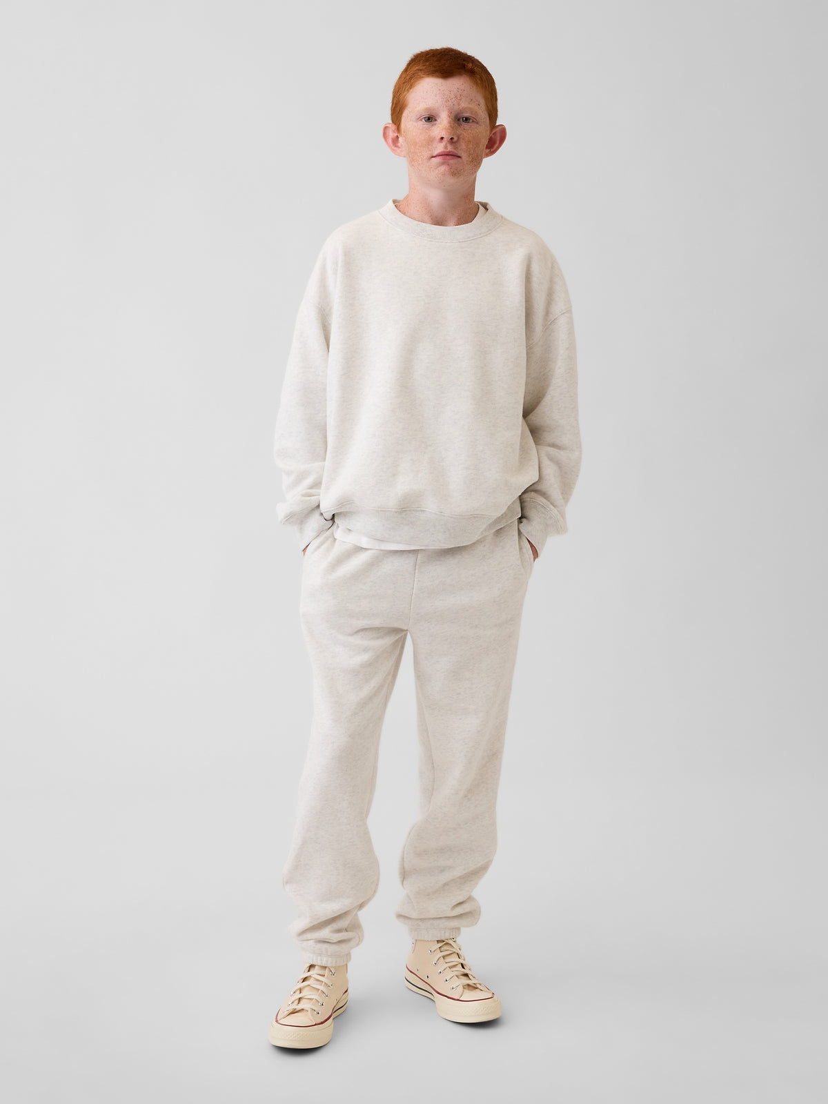 Gap Kids VintageSoft Relaxed Joggers in Pale heather grey, full-length view on a child model