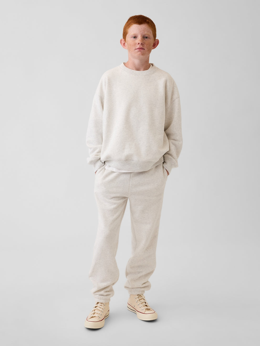 Gap Kids VintageSoft Relaxed Joggers in Pale heather grey, full-length view on a child model