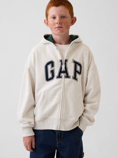 Gap Kids VintageSoft Logo Zip Hoodie in Pale heather grey, front view on a child model