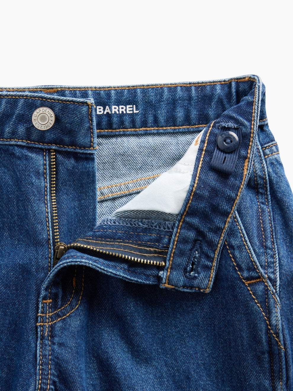 Gap Kids High Rise Barrel Cargo Jeans in Dark wash, button and zip detail