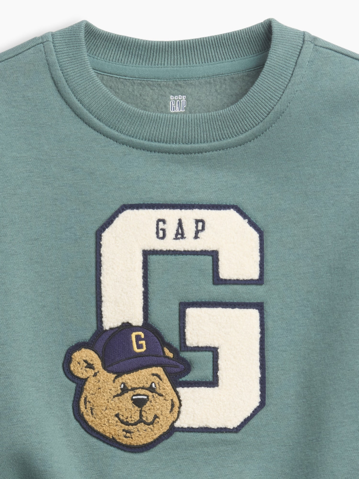 Gap Baby & Toddler VintageSoft Varsity Logo Sweatshirt in district green, bear and letter G graphic detail