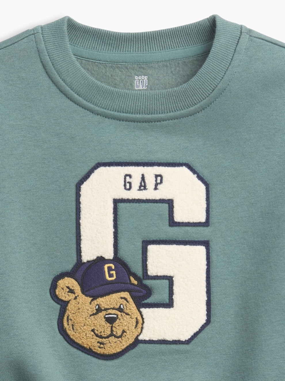 Gap Baby & Toddler VintageSoft Varsity Logo Sweatshirt in district green, bear and letter G graphic detail