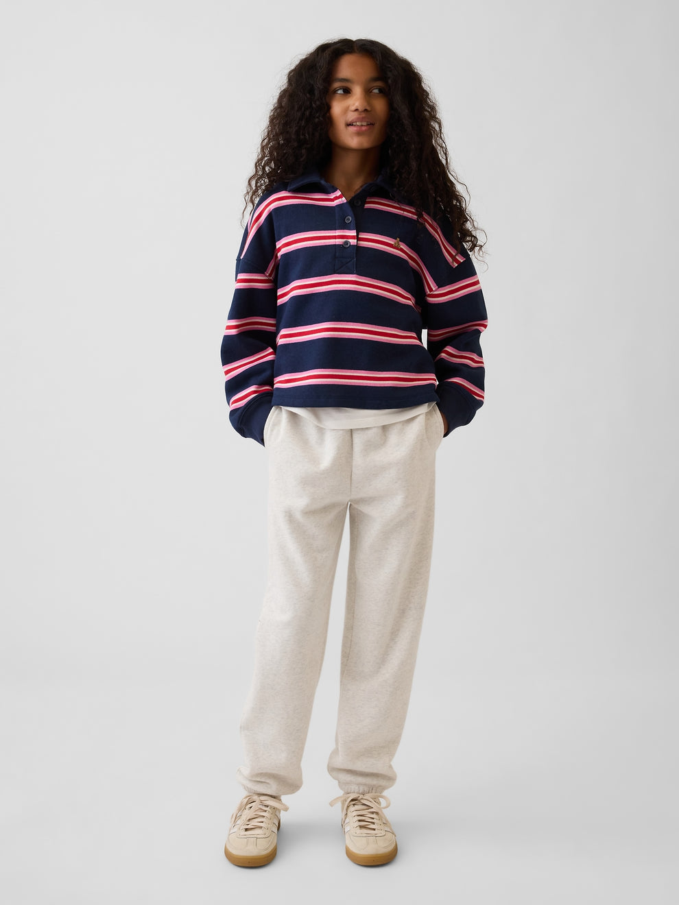 Gap Kids VintageSoft Relaxed Joggers in Pale heather grey, full-length view on a child model