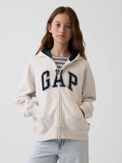 Gap Kids VintageSoft Logo Zip Hoodie in Pale heather grey, front view on a child model